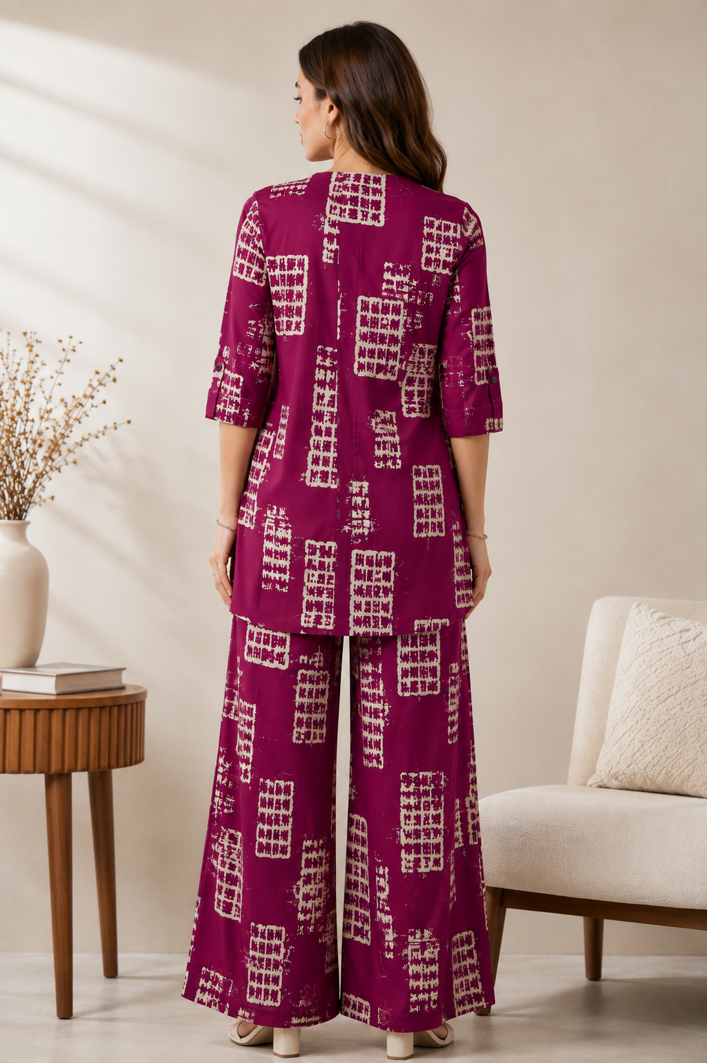 Women's Maroon & Beige Printed Cotton Co-ord Set - 27265