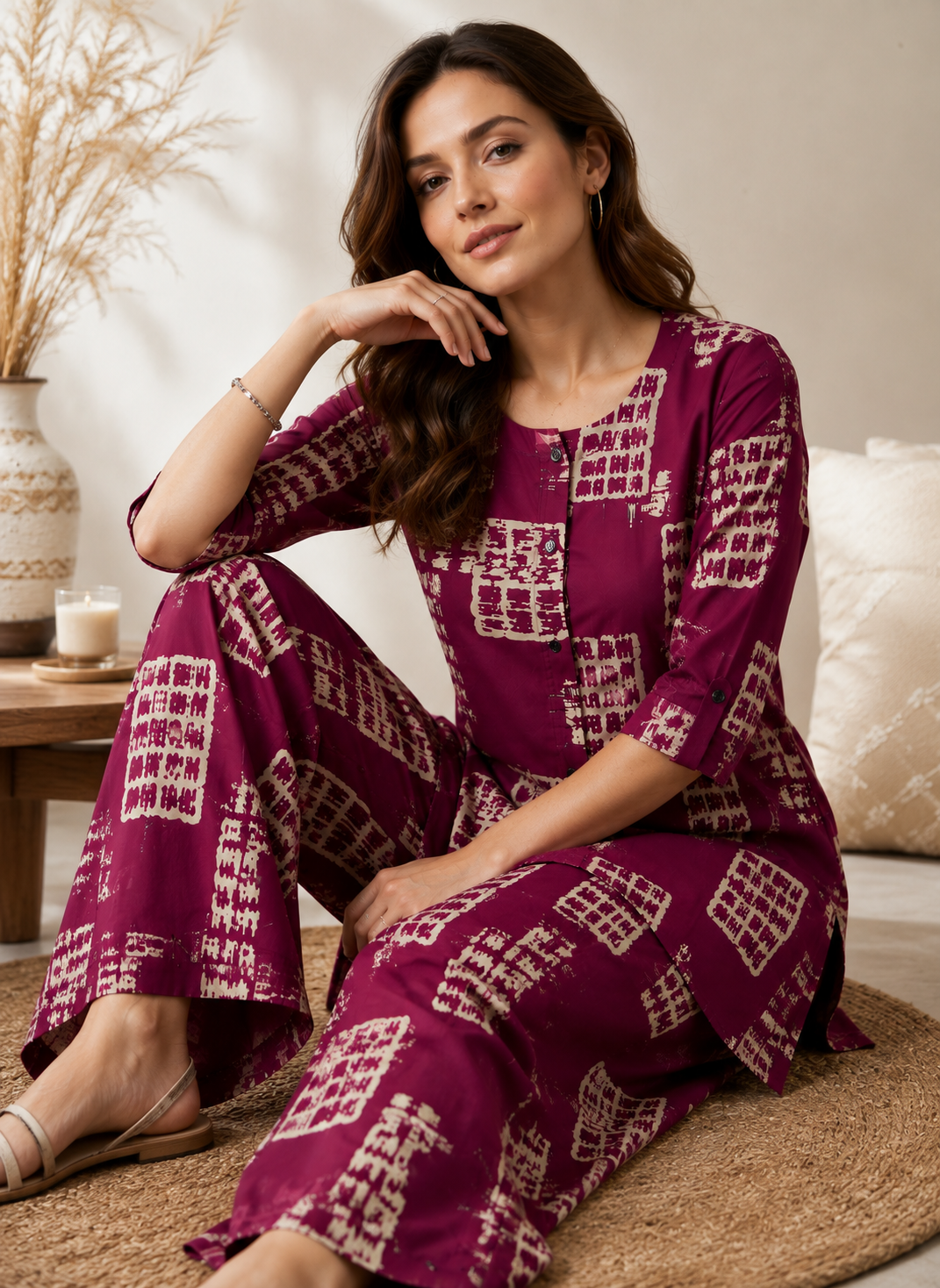 Women's Maroon & Beige Printed Cotton Co-ord Set - 27265