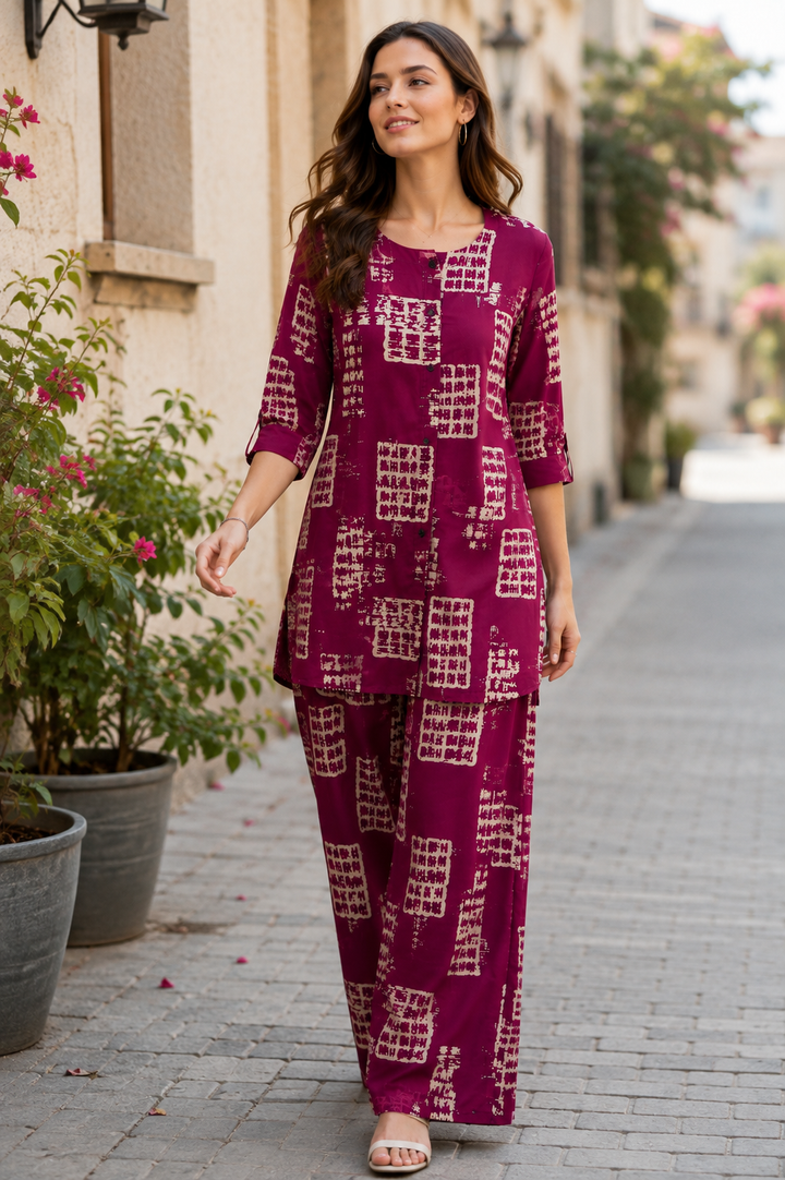 Women's Maroon & Beige Printed Cotton Co-ord Set - 27265