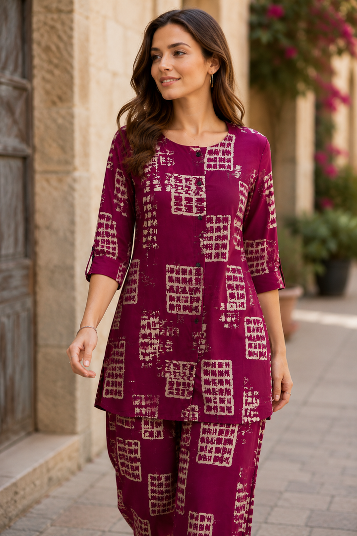 Women's Maroon & Beige Printed Cotton Co-ord Set - 27265