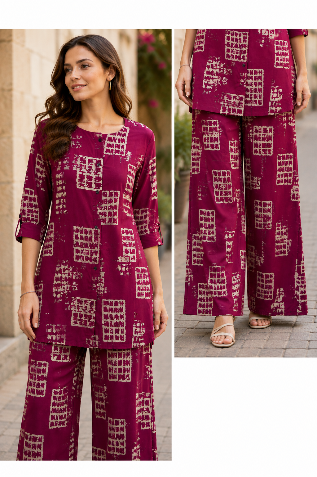Women's Maroon & Beige Printed Cotton Co-ord Set - 27265