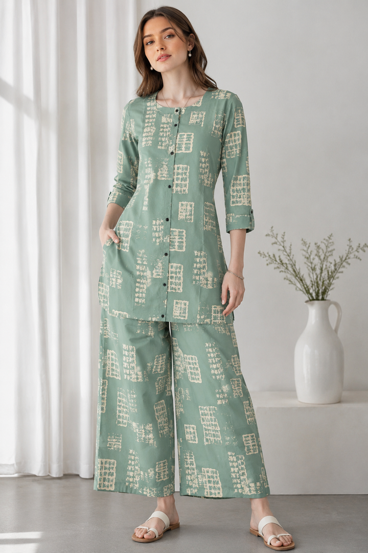 Women's Sea Green & Beige Abstract Printed Co-ord Set - 27266