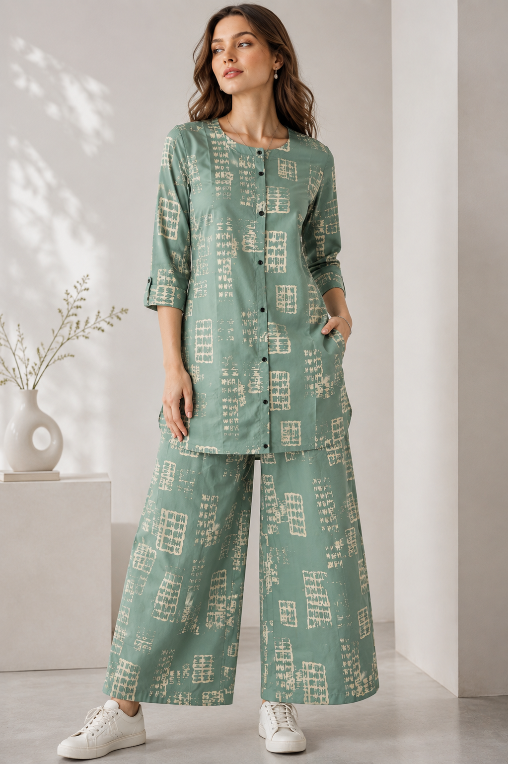 Women's Sea Green & Beige Abstract Printed Co-ord Set - 27266