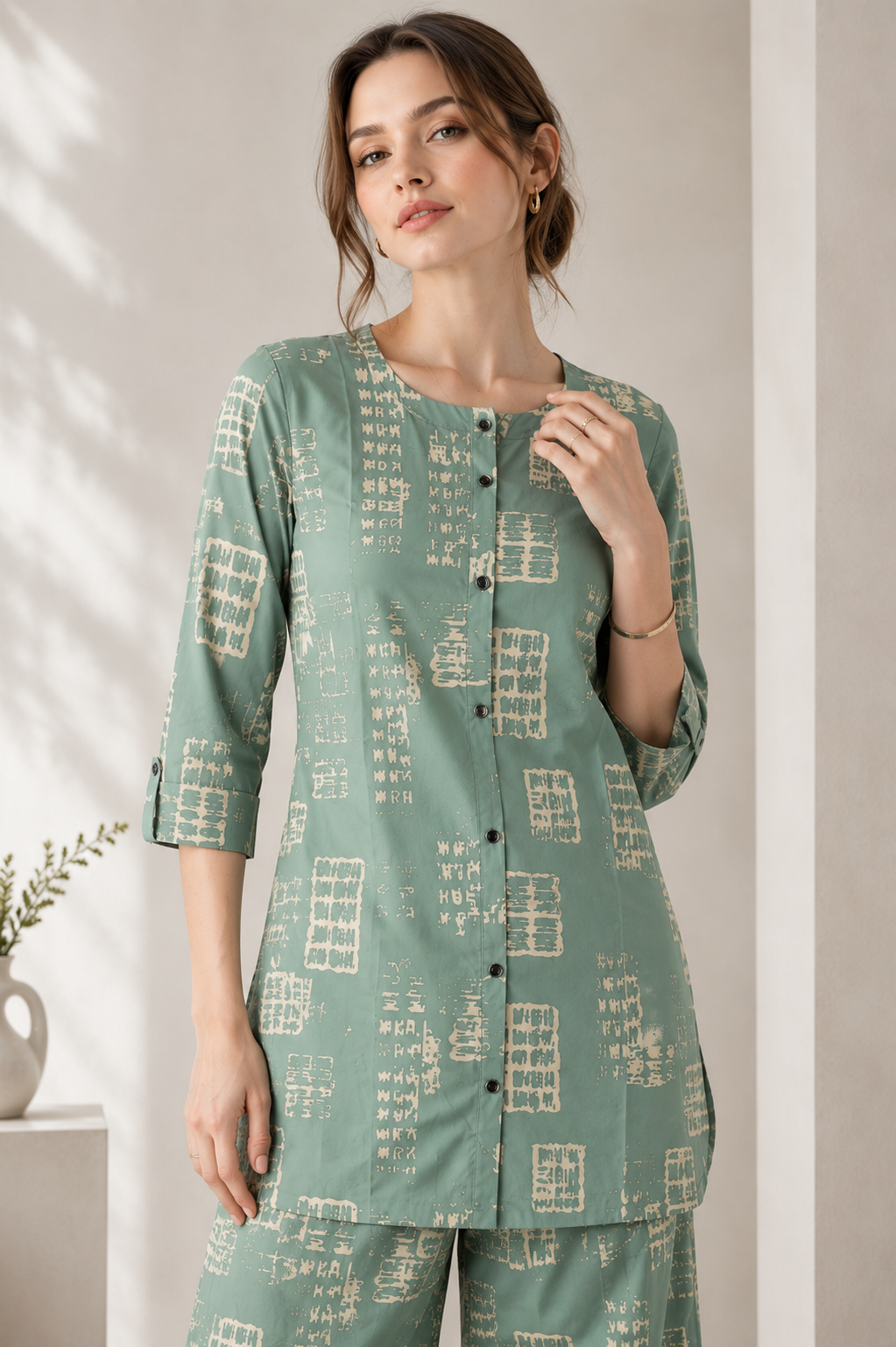 Women's Sea Green & Beige Abstract Printed Co-ord Set - 27266