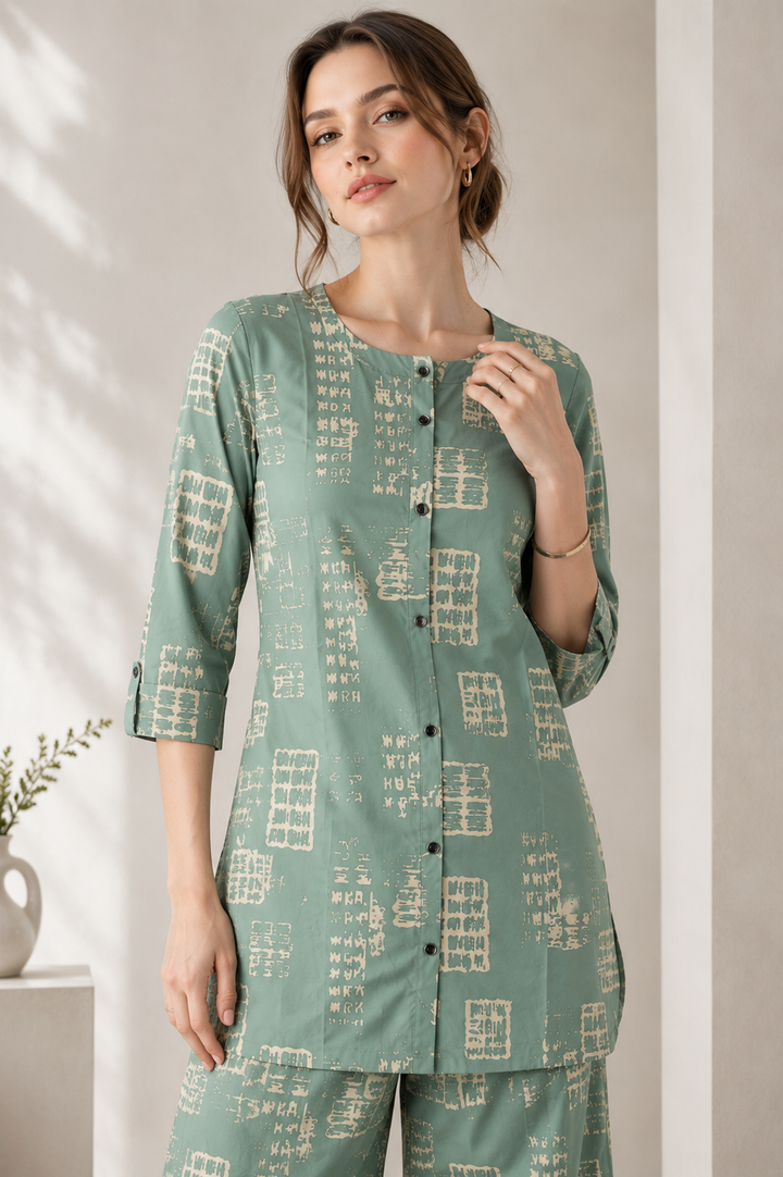 Women's Sea Green & Beige Abstract Printed Co-ord Set - 27266