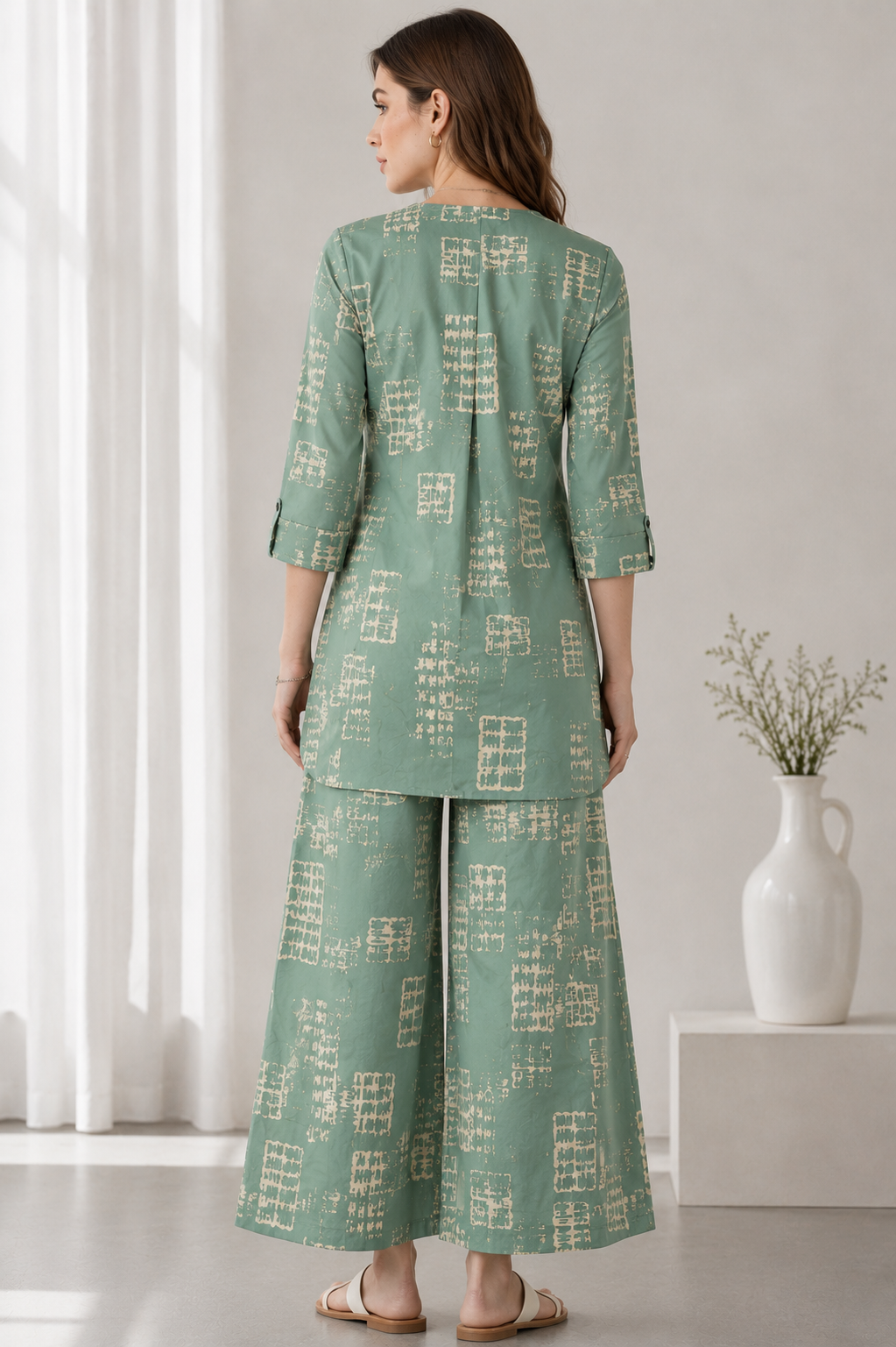 Women's Sea Green & Beige Abstract Printed Co-ord Set - 27266
