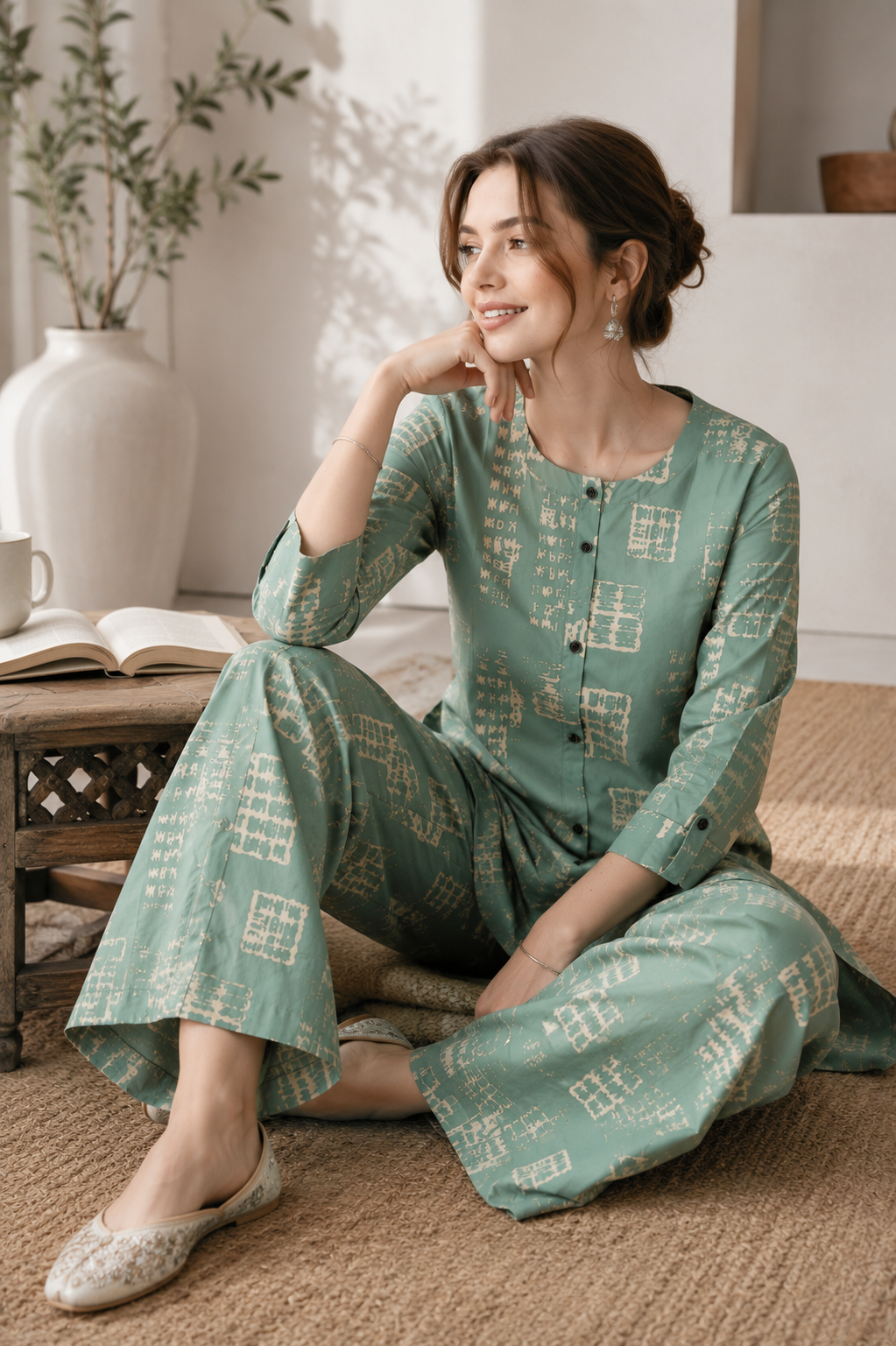Women's Sea Green & Beige Abstract Printed Co-ord Set - 27266