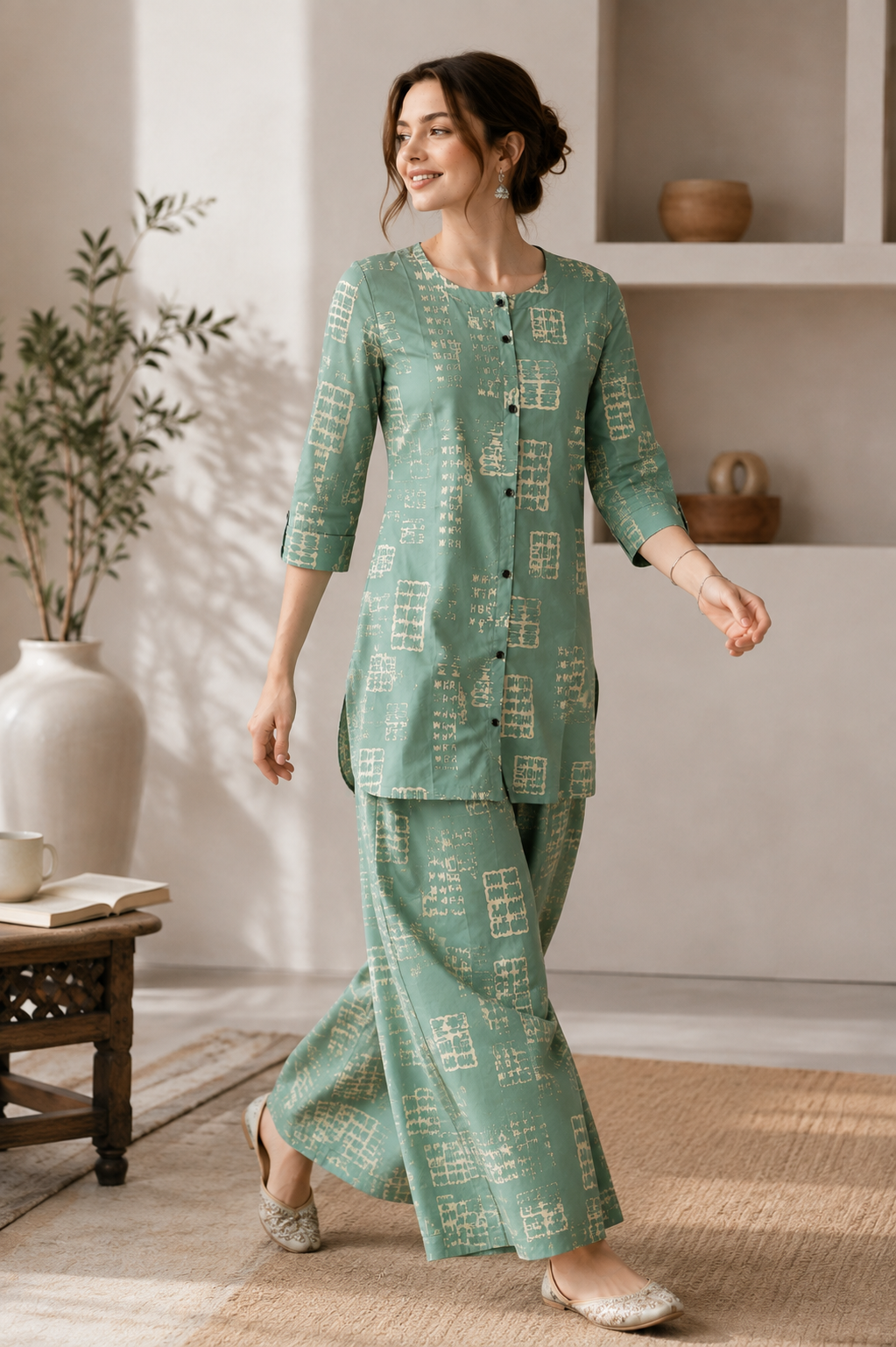 Women's Sea Green & Beige Abstract Printed Co-ord Set - 27266