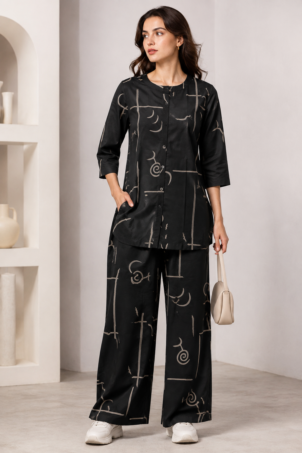 Women's Black & Beige Graphic Line Print Co-ord Set - 27258