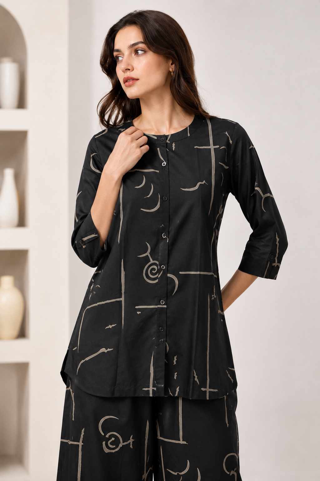 Women's Black & Beige Graphic Line Print Co-ord Set - 27258