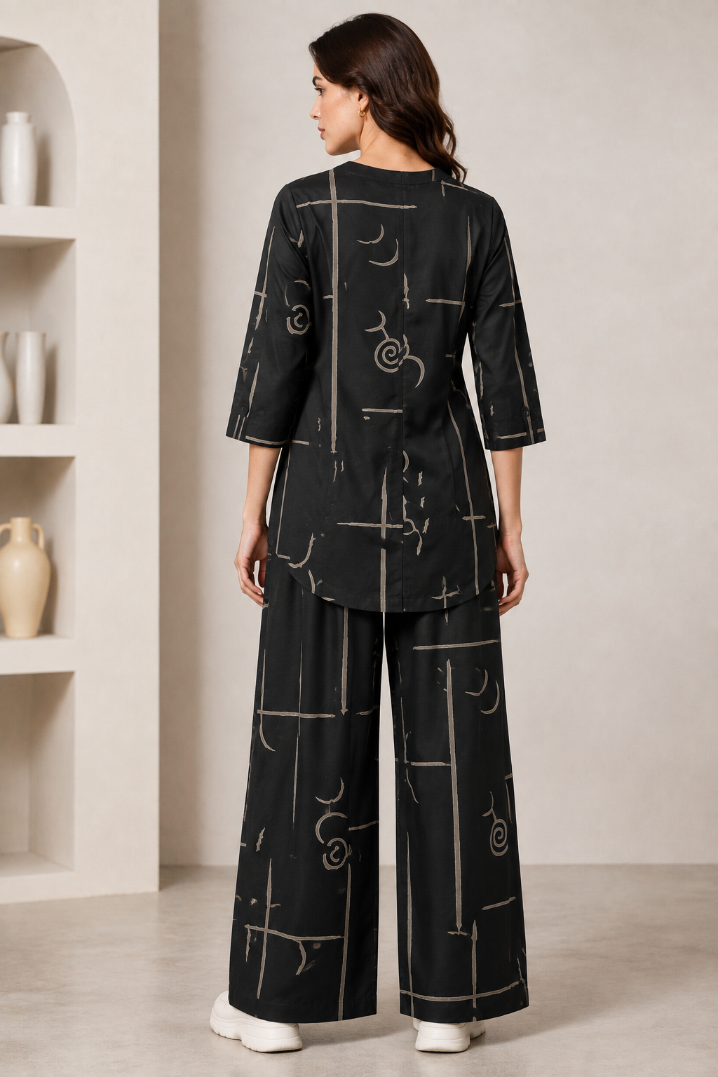 Women's Black & Beige Graphic Line Print Co-ord Set - 27258