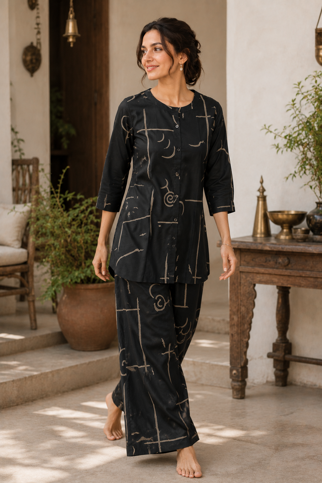 Women's Black & Beige Graphic Line Print Co-ord Set - 27258