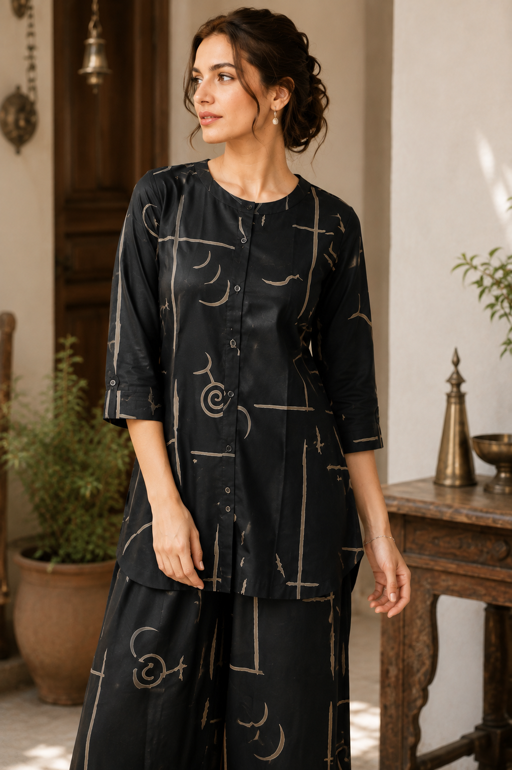Women's Black & Beige Graphic Line Print Co-ord Set - 27258