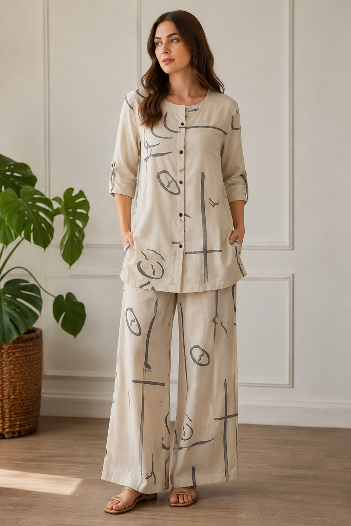 Women's Beige & Black Graphic Line Print Co-ord Set - 27257