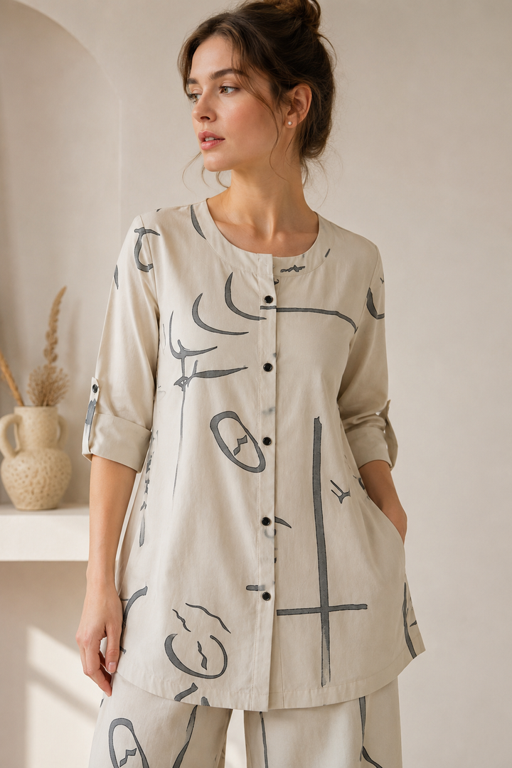 Women's Beige & Black Graphic Line Print Co-ord Set - 27257