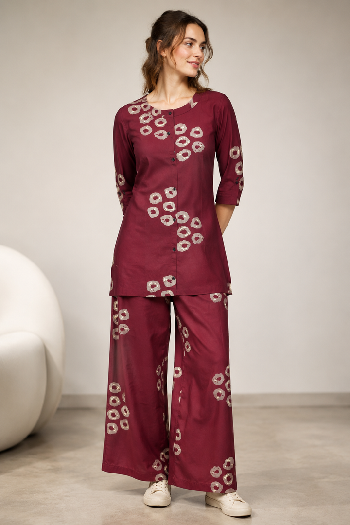 Women's Maroon & Beige Circular Print Co-ord Set - 27256