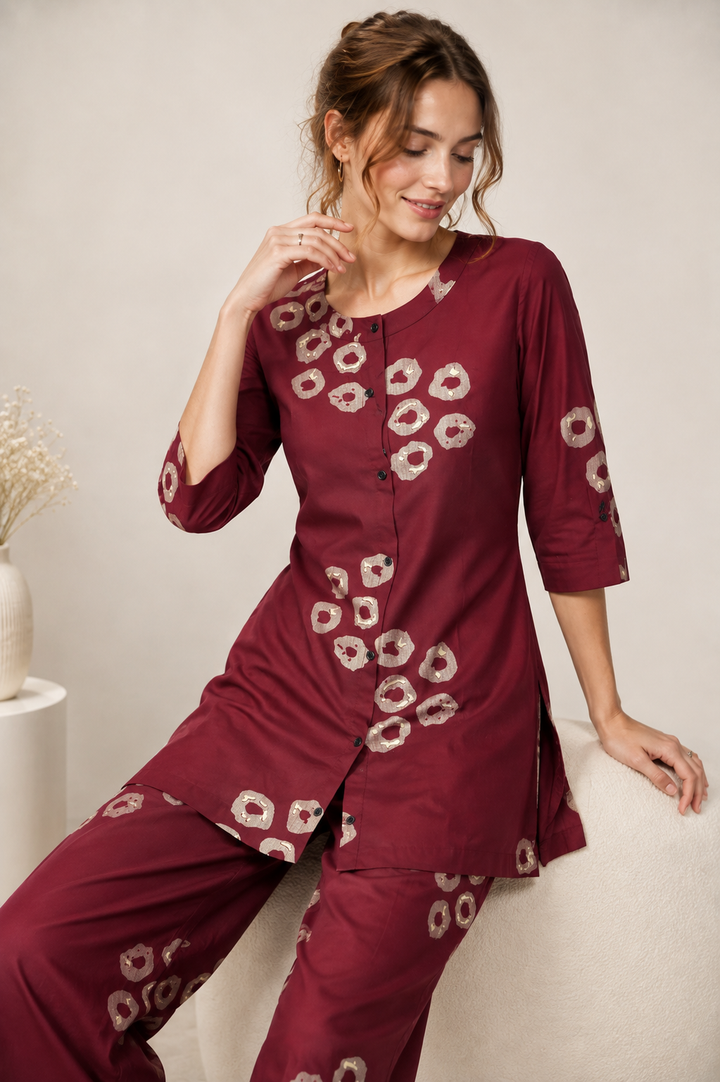 Women's Maroon & Beige Circular Print Co-ord Set - 27256