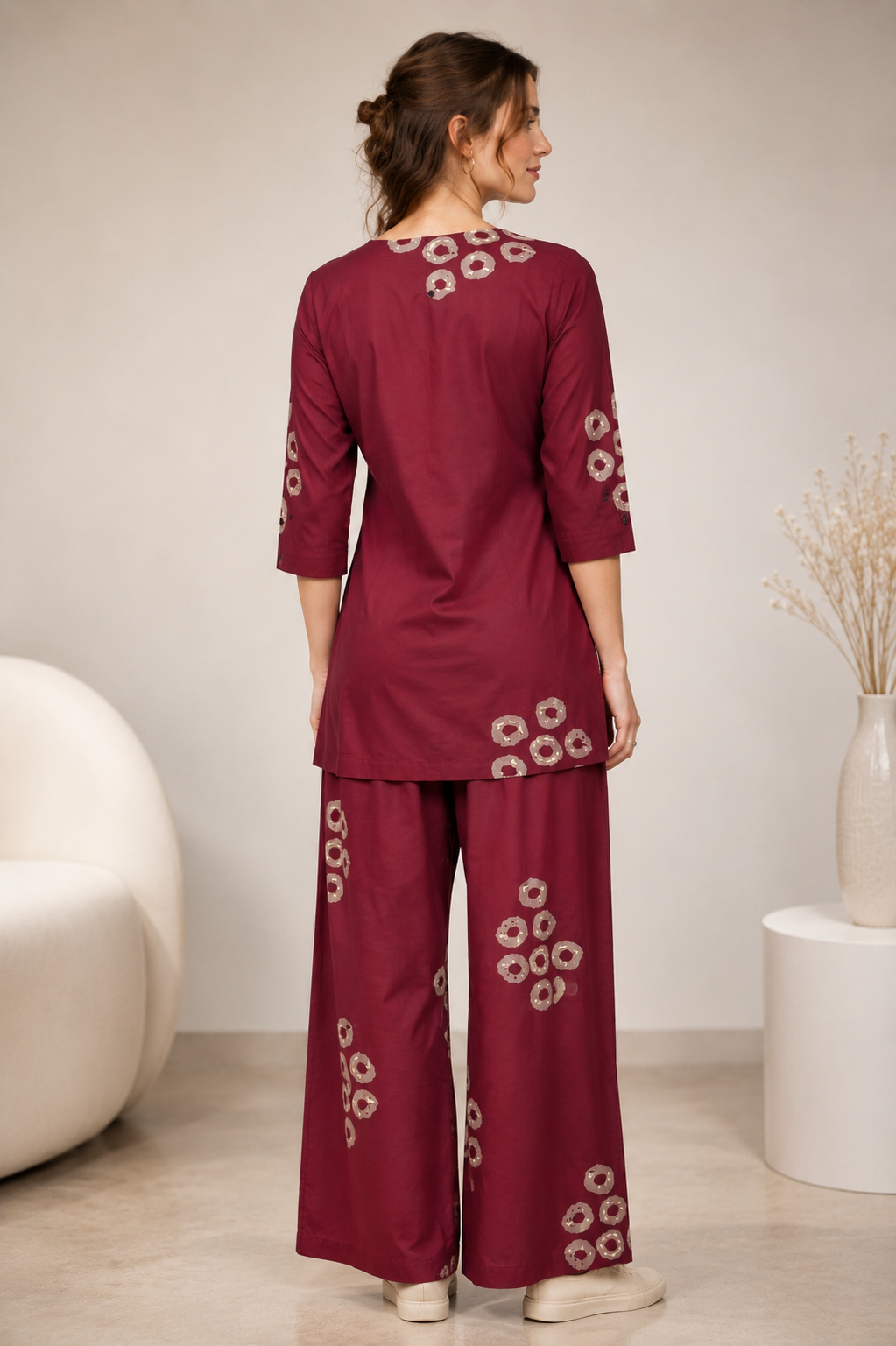 Women's Maroon & Beige Circular Print Co-ord Set - 27256