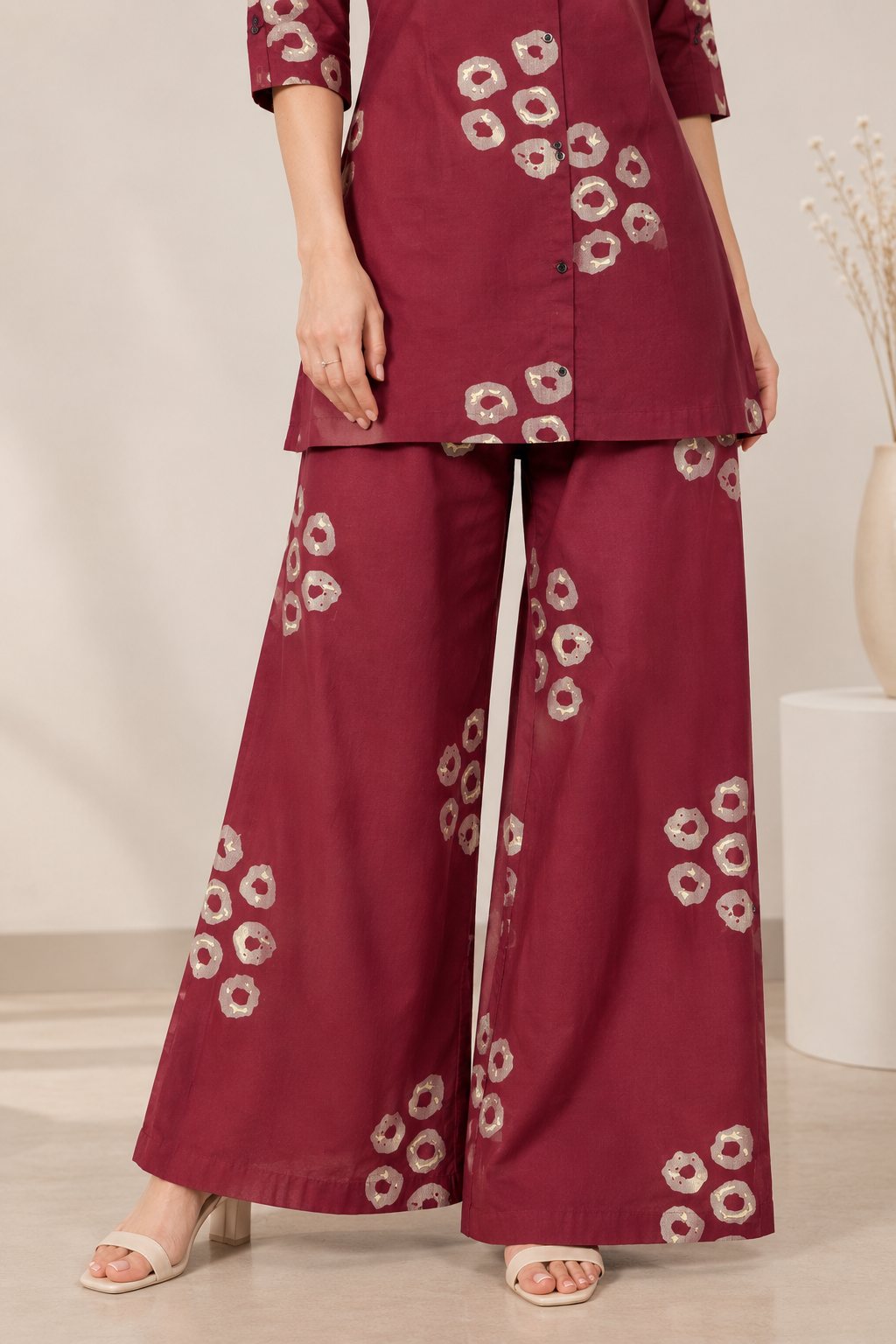 Women's Maroon & Beige Circular Print Co-ord Set - 27256