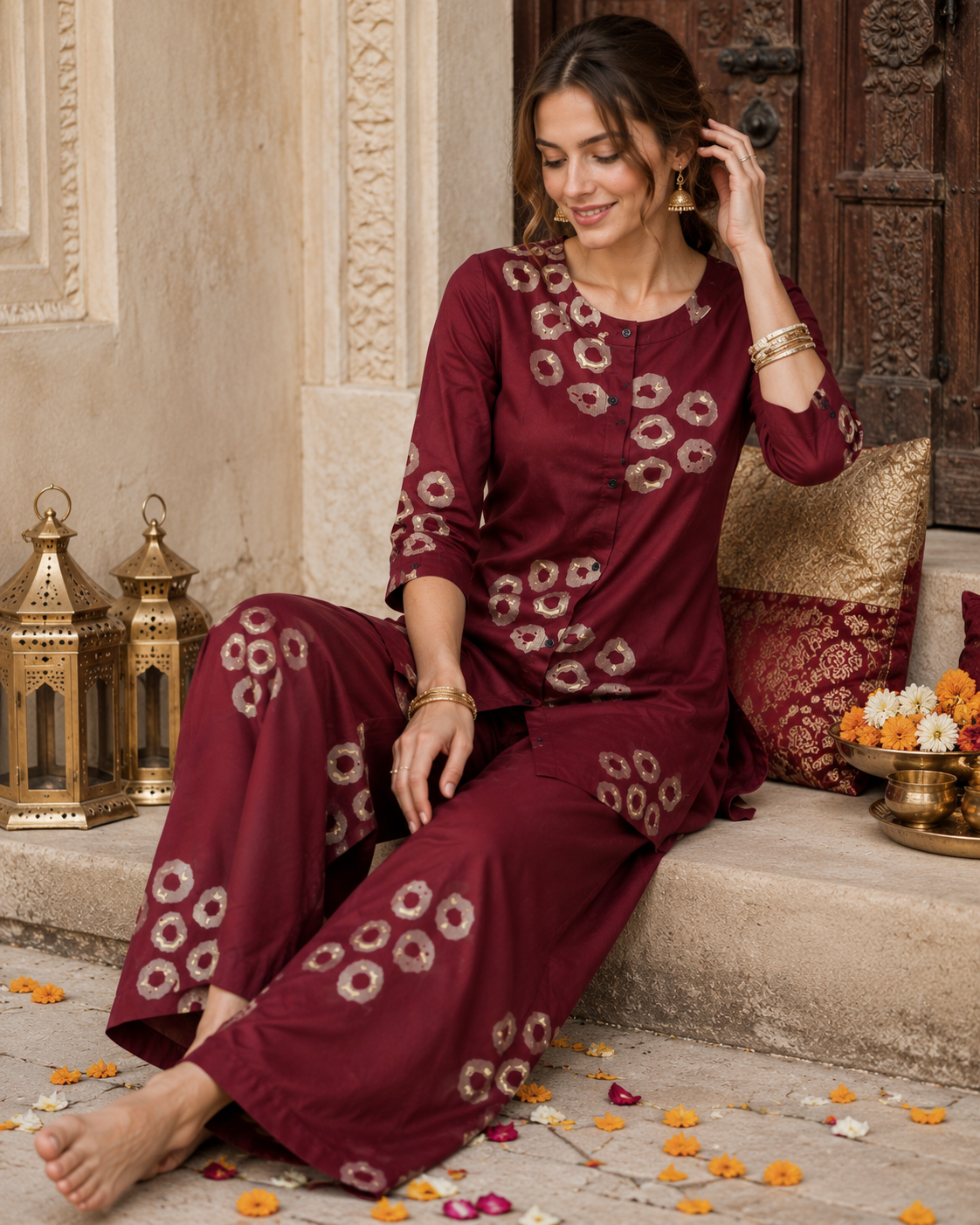 Women's Maroon & Beige Circular Print Co-ord Set - 27256