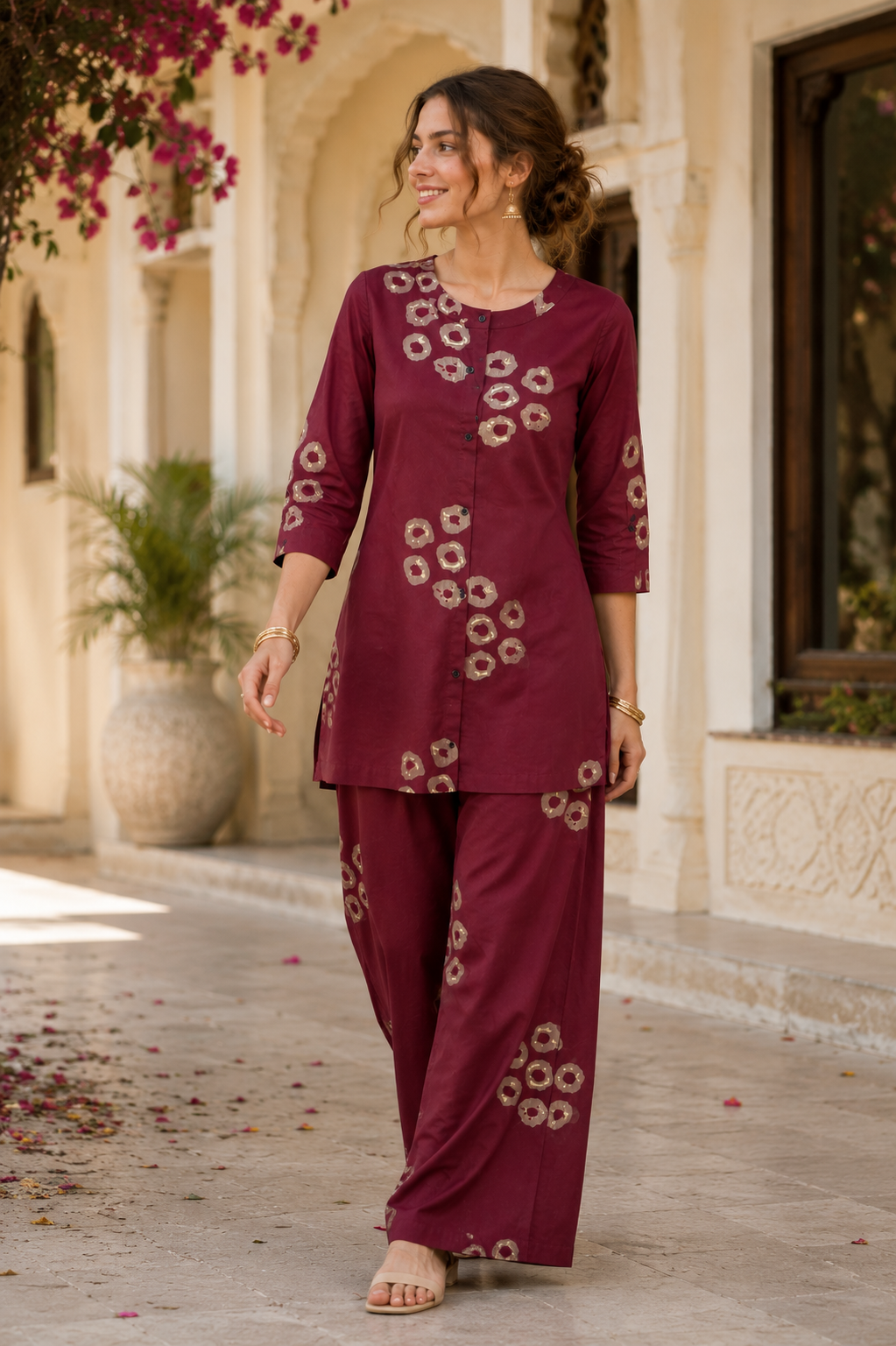 Women's Maroon & Beige Circular Print Co-ord Set - 27256