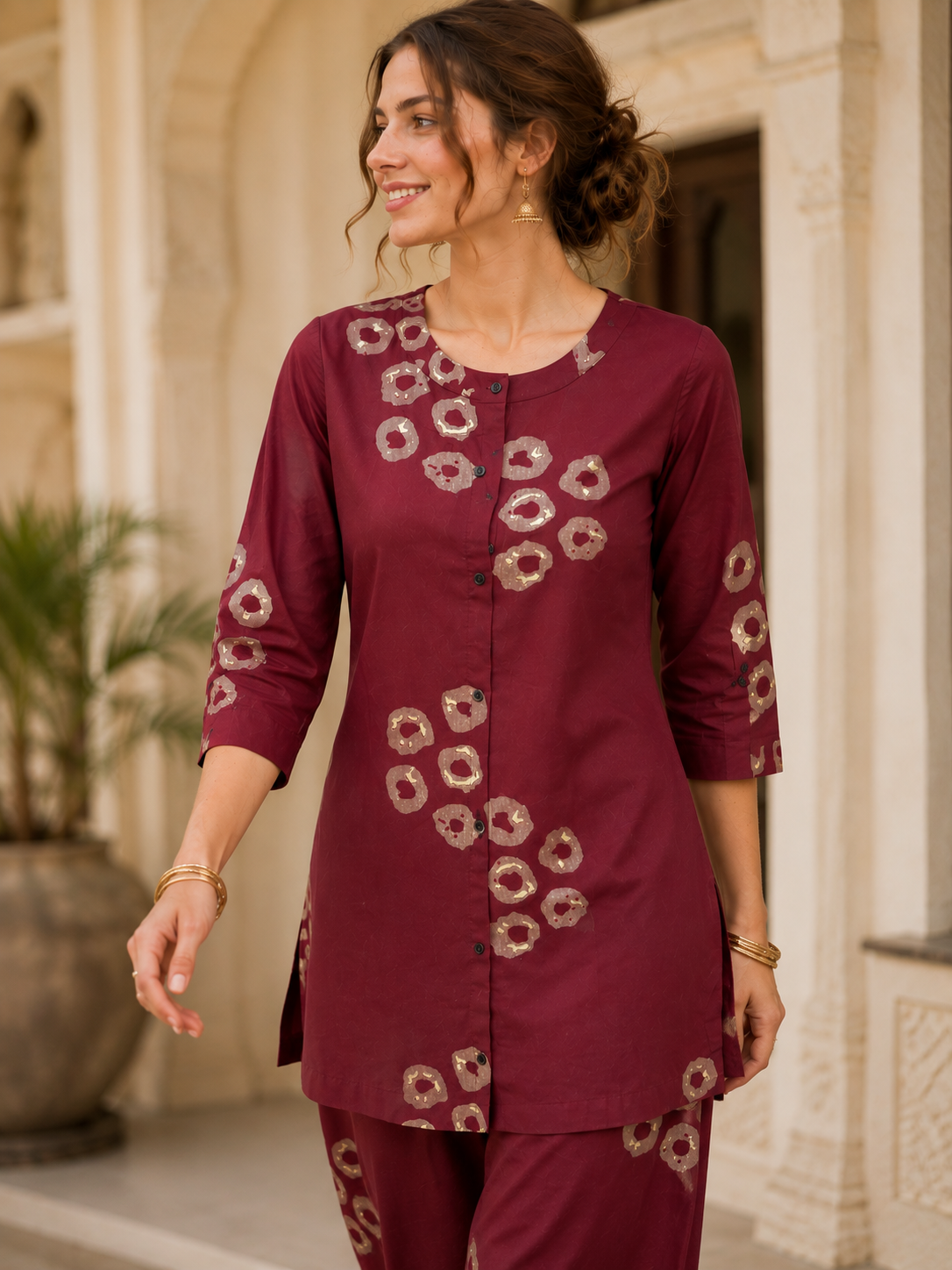 Women's Maroon & Beige Circular Print Co-ord Set - 27256