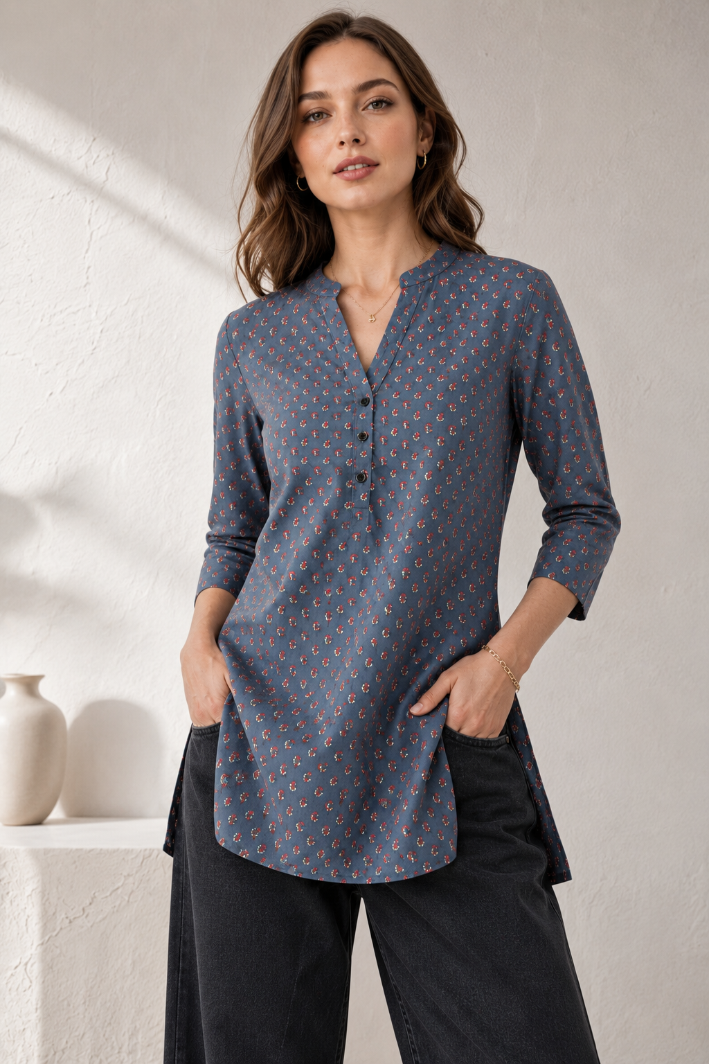 Women's Teal Blue Printed Short Kurti - 27224