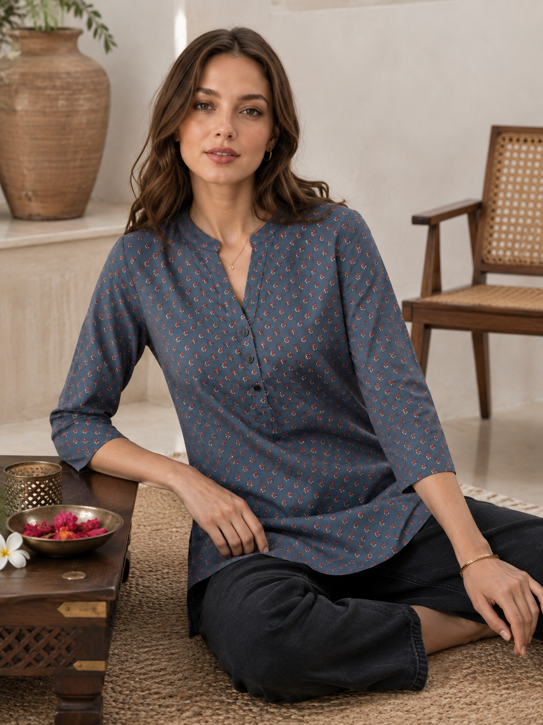 Women's Teal Blue Printed Short Kurti - 27224