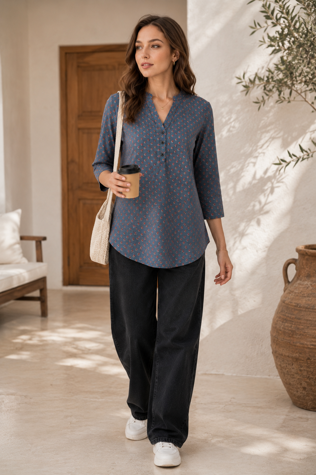 Women's Teal Blue Printed Short Kurti - 27224