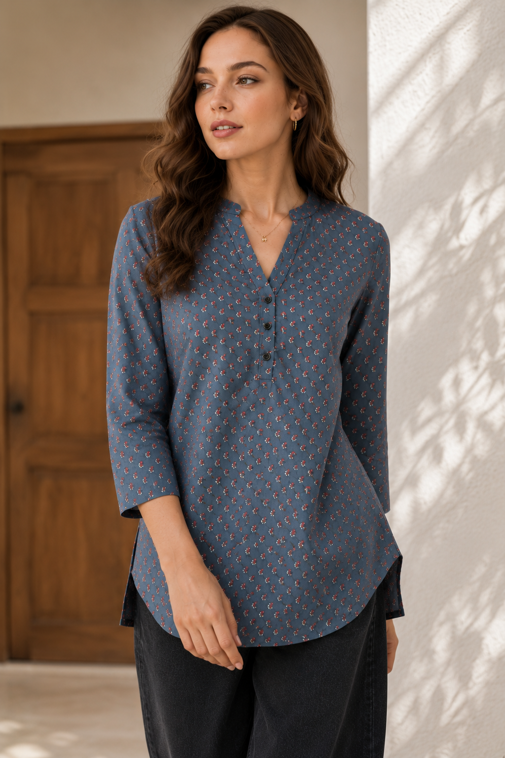 Women's Teal Blue Printed Short Kurti - 27224