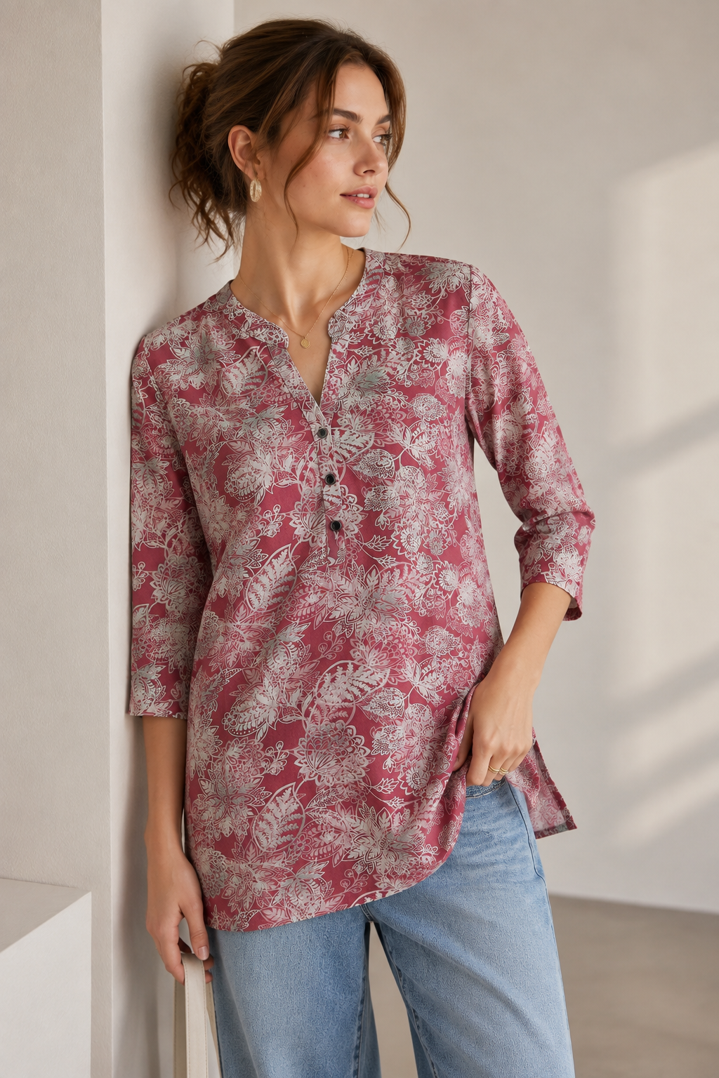 Women's Dusty Rose Printed Short Kurti - 27220