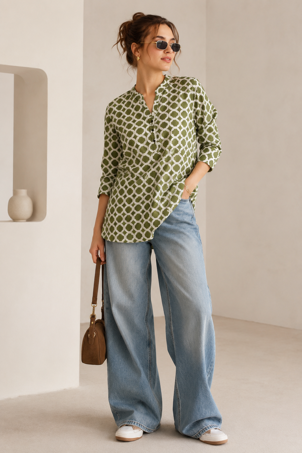 Women's Olive Green and Off-White Geometric Printed Short Kurti - 27191