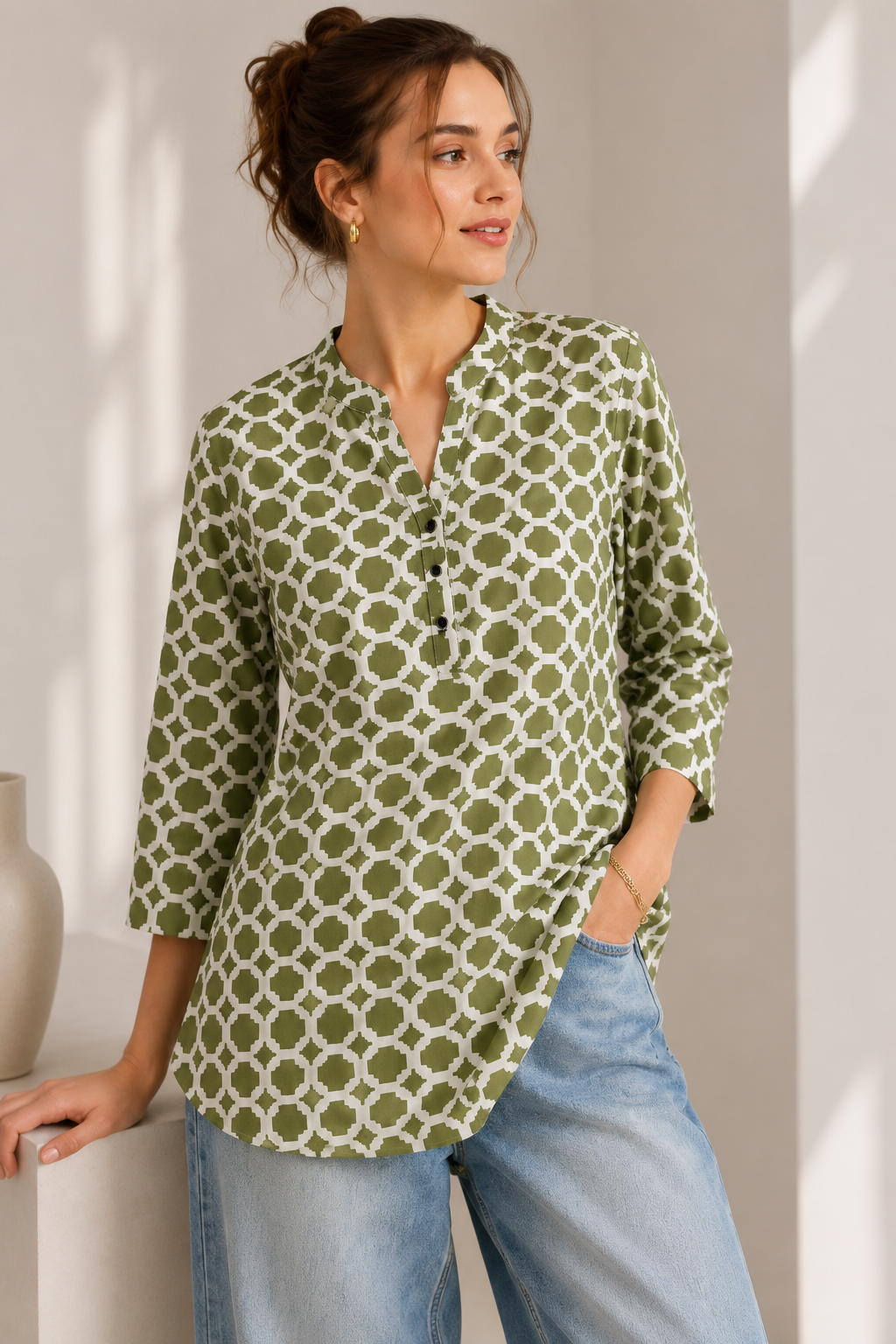 Women's Olive Green and Off-White Geometric Printed Short Kurti - 27191