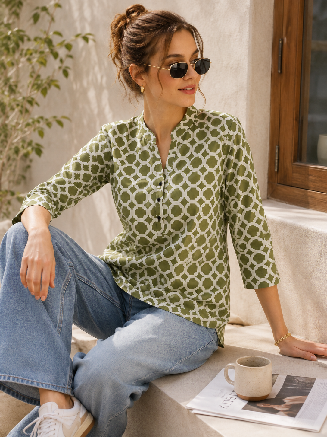 Women's Olive Green and Off-White Geometric Printed Short Kurti - 27191