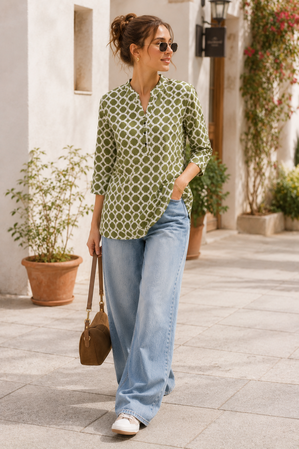 Women's Olive Green and Off-White Geometric Printed Short Kurti - 27191