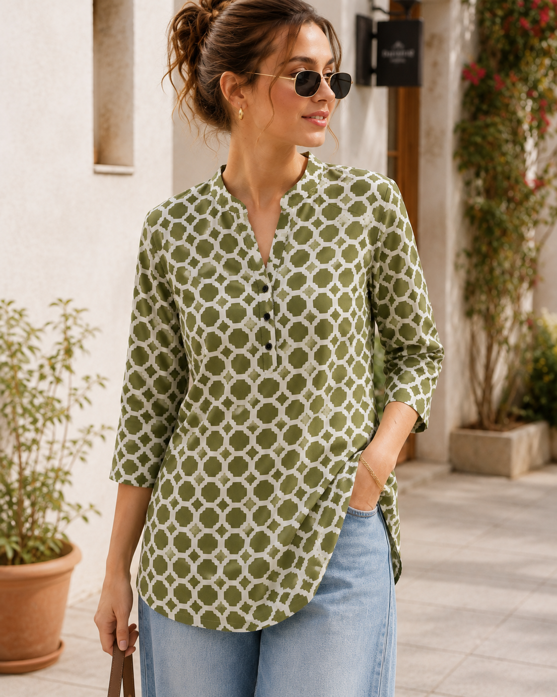 Women's Olive Green and Off-White Geometric Printed Short Kurti - 27191