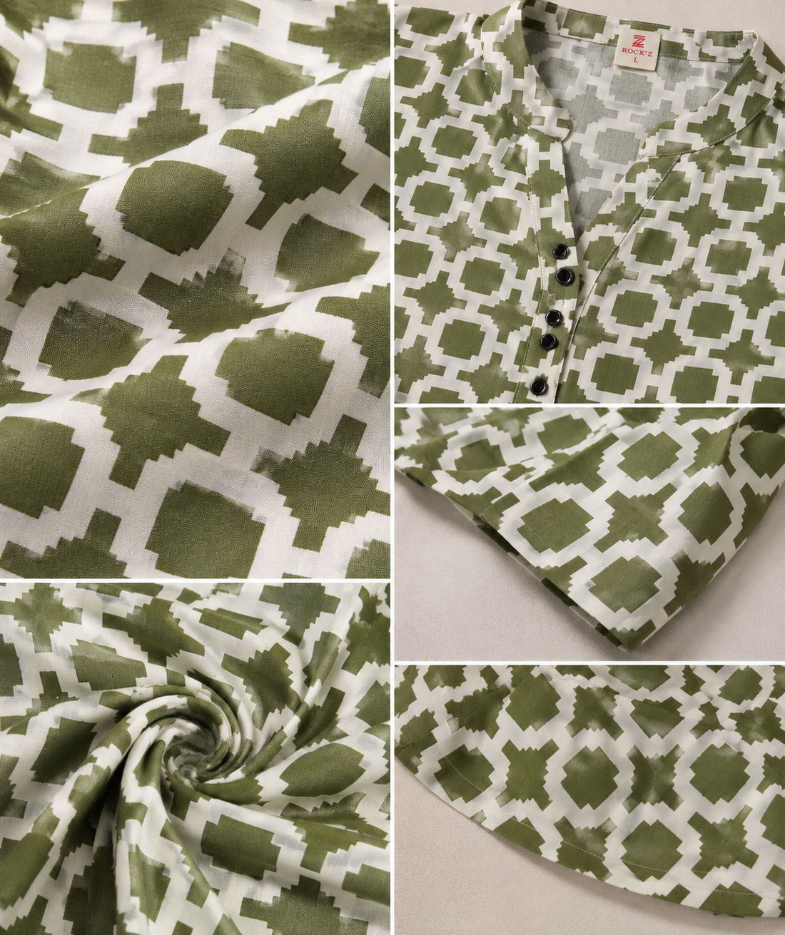 Women's Olive Green and Off-White Geometric Printed Short Kurti - 27191