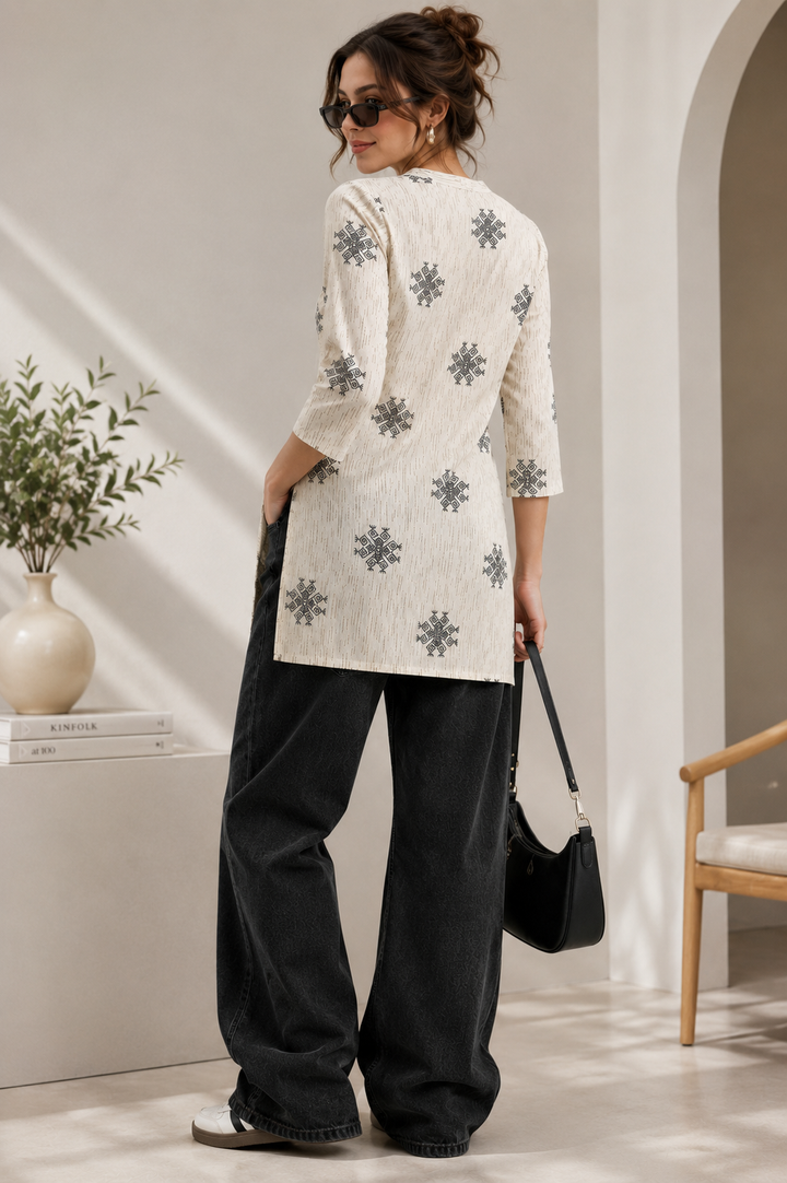 Women's Off-White and Black Block Printed Short Kurti - 27213