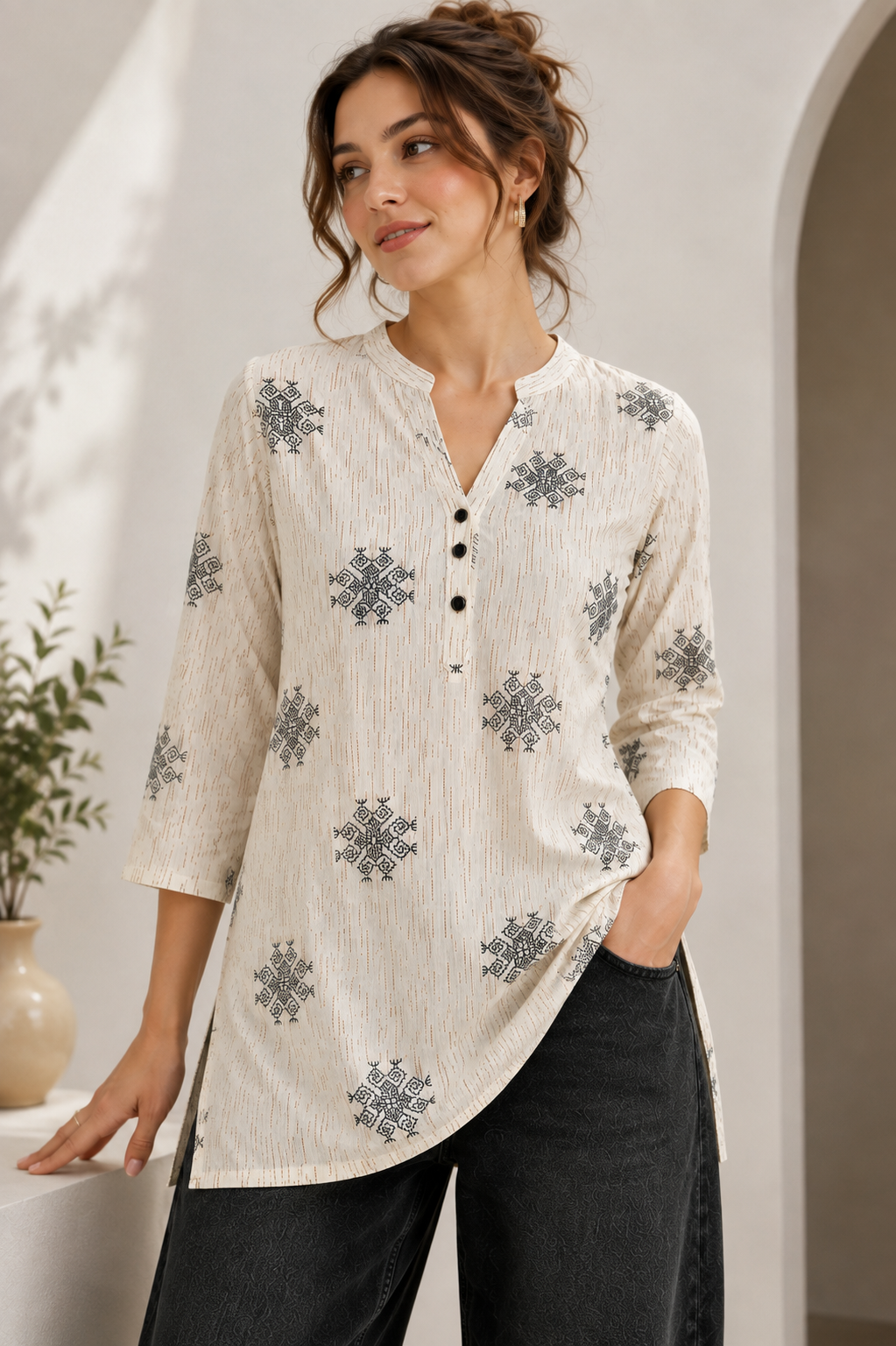 Women's Off-White and Black Block Printed Short Kurti - 27213