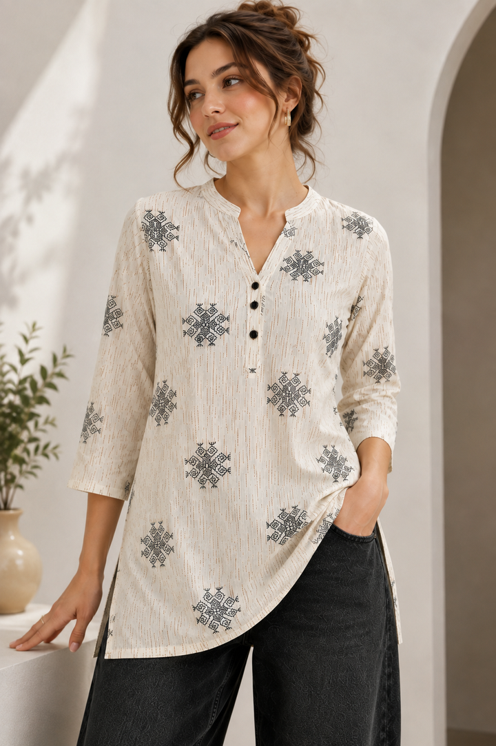 Women's Off-White and Black Block Printed Short Kurti - 27213