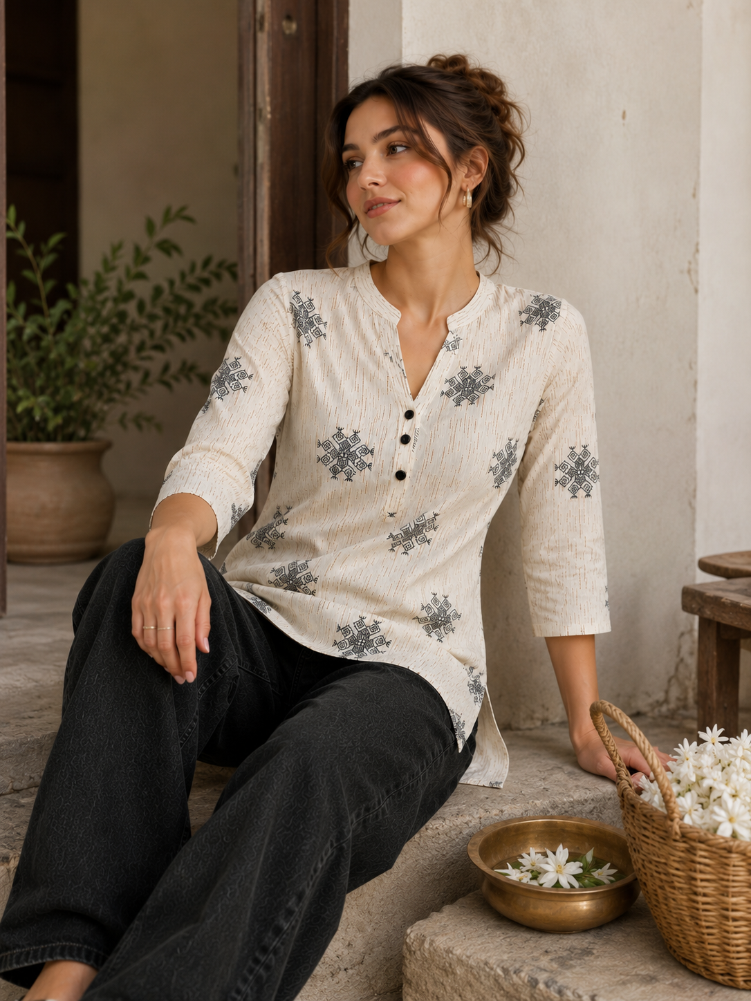 Women's Off-White and Black Block Printed Short Kurti - 27213