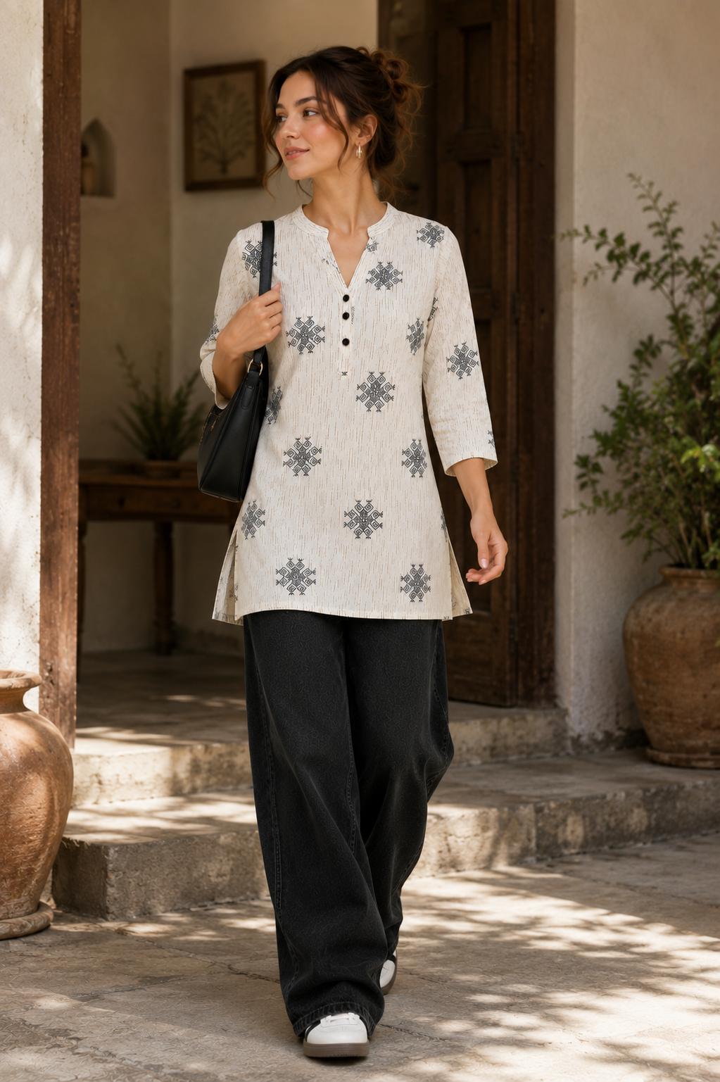 Women's Off-White and Black Block Printed Short Kurti - 27213