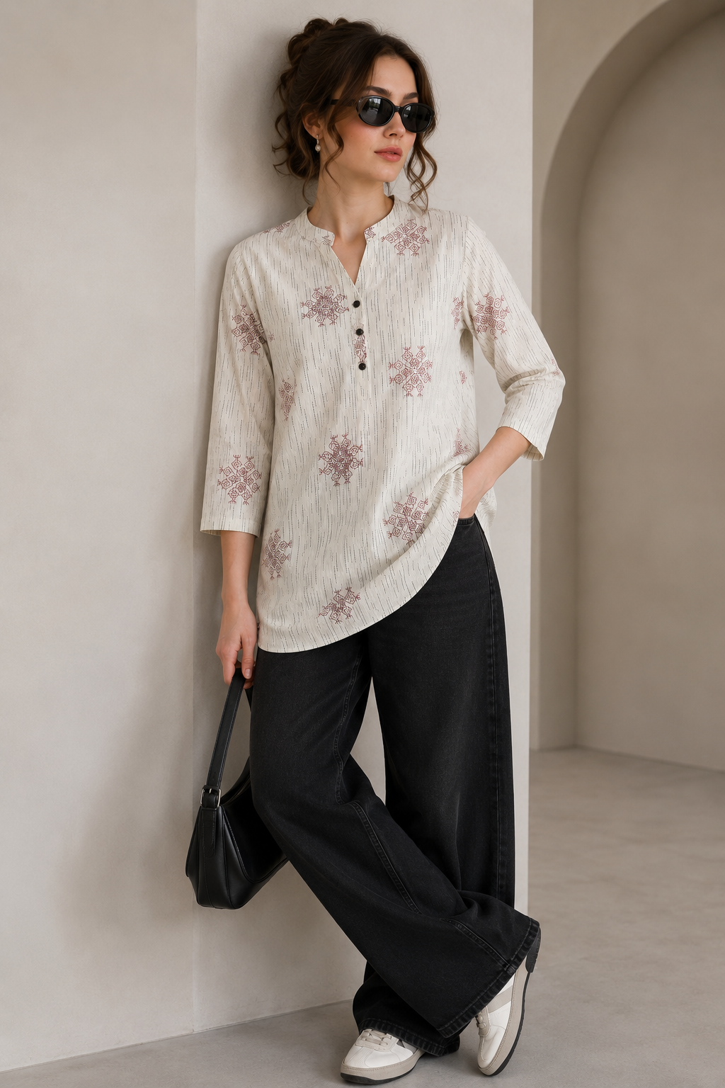Women's Off-White and Maroon Block Printed Short Kurti - 27212