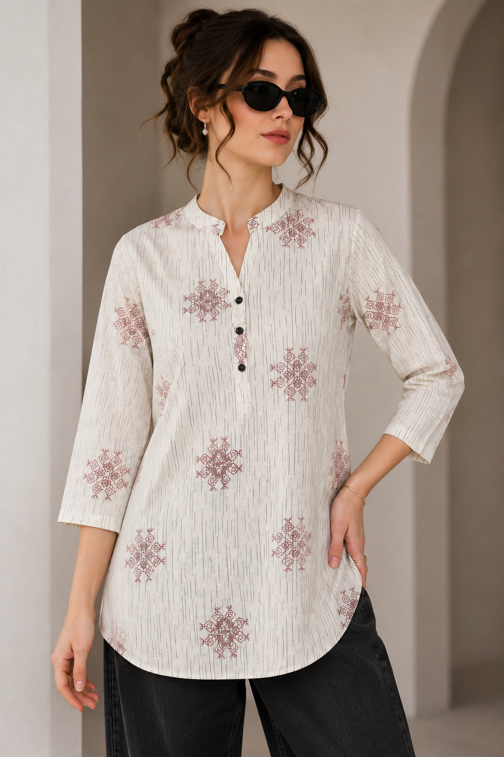 Women's Off-White and Maroon Block Printed Short Kurti - 27212