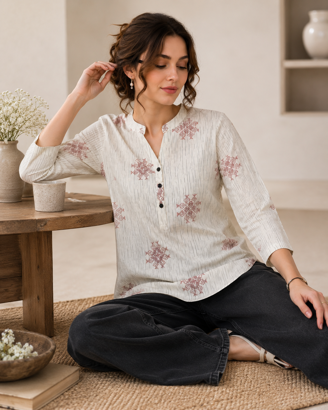 Women's Off-White and Maroon Block Printed Short Kurti - 27212