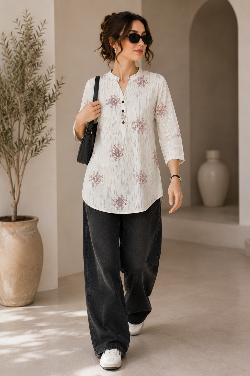 Women's Off-White and Maroon Block Printed Short Kurti - 27212