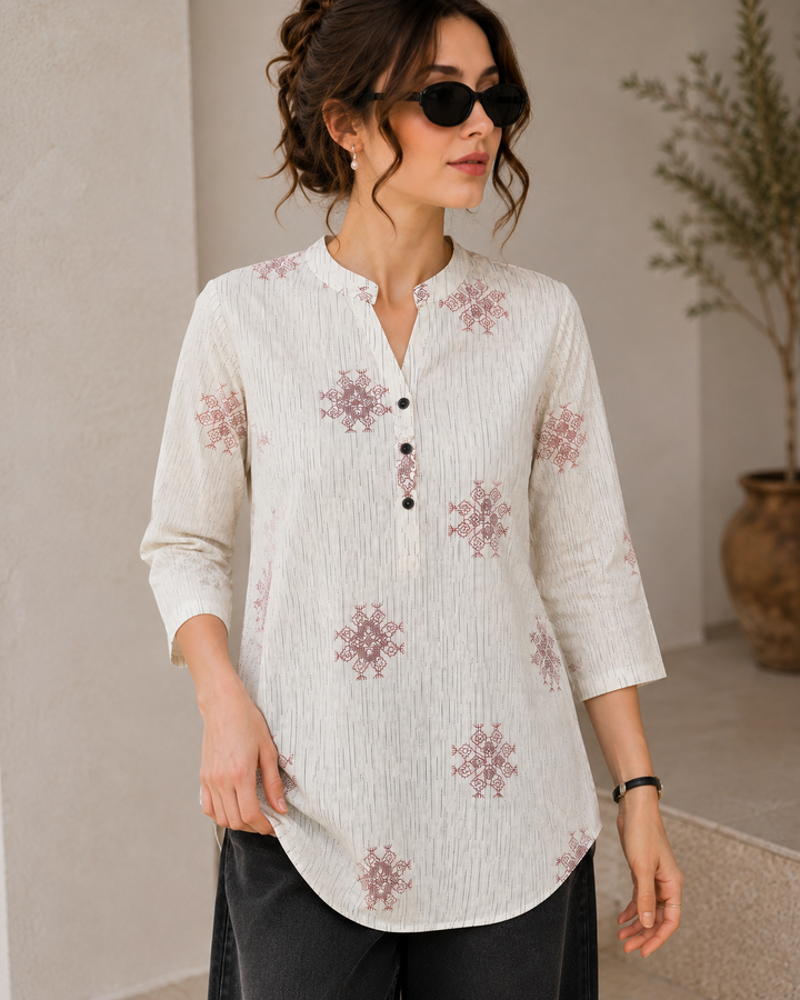 Women's Off-White and Maroon Block Printed Short Kurti - 27212