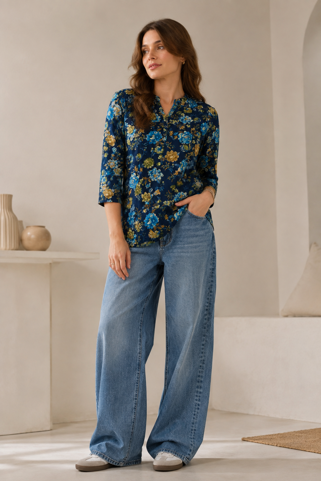 Women's Navy Blue Floral Printed Short Kurt - 27200