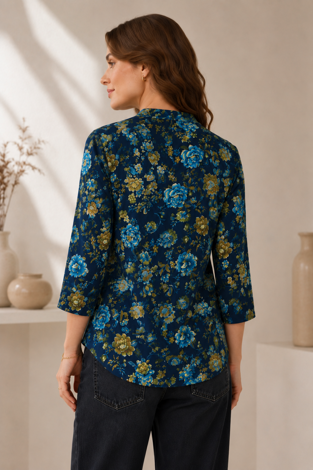 Women's Navy Blue Floral Printed Short Kurt - 27200