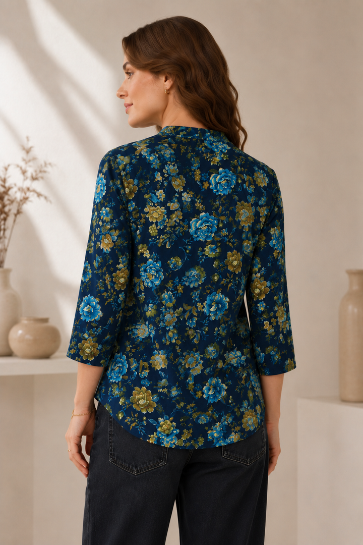 Women's Navy Blue Floral Printed Short Kurt - 27200